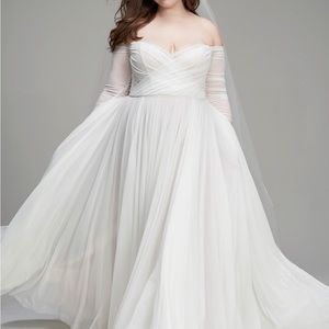 Wtoo by Watters Miles V-Neck Ruched-Sleeve Mesh Wedding Gown